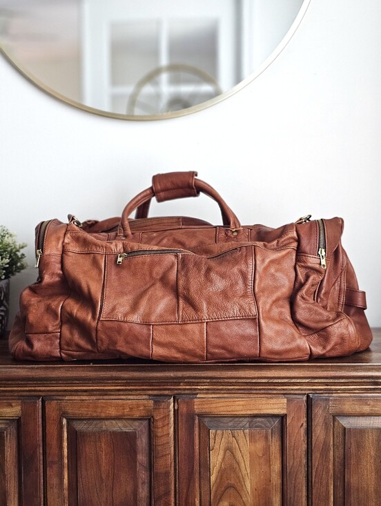 Vintage Other - Vintage Genuine Leather Patchwork Weekender Duffel Travel Bag Cognac Brown Large